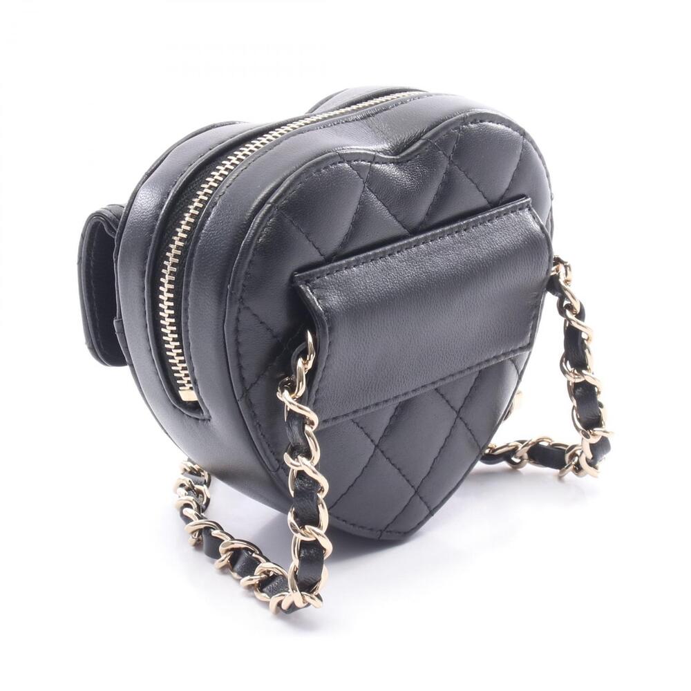 Chanel Shoulder Leather Clutch Black Bag Matelasse Heart Chain Black